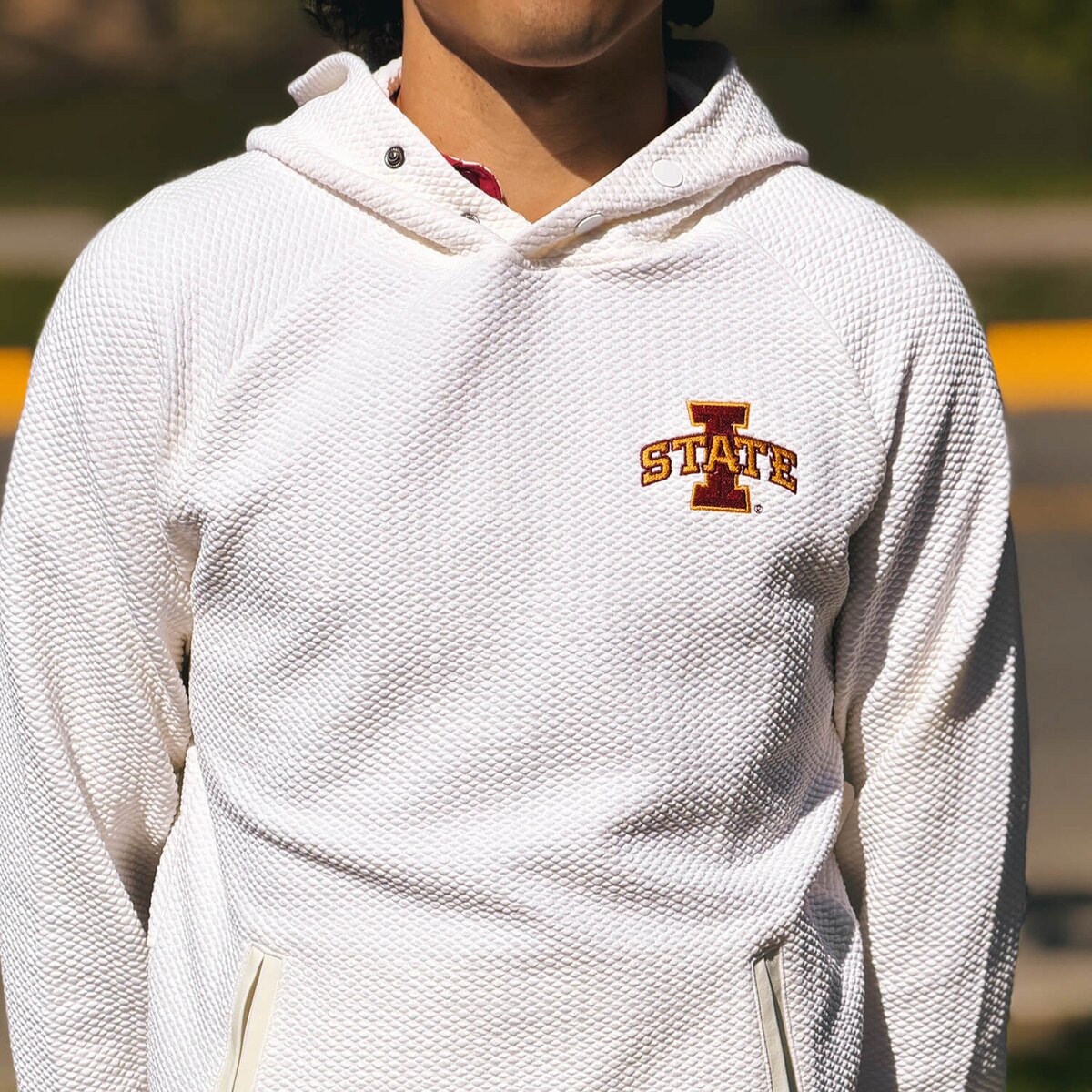 Swannies I-State White Camden Hooded Sweatshirt close up on texture and embroidery
